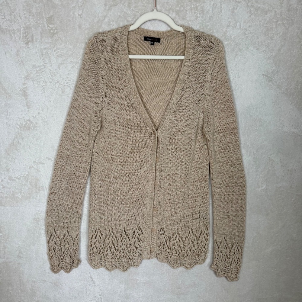 BCBGMAXAZRIA Knit Cardigan Lace Trim Button Up Soft Girl Cozy Neutral Sweater XL